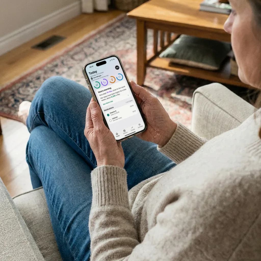 A woman on a sofa holding an iPhone that shows the Tama family app's Today screen