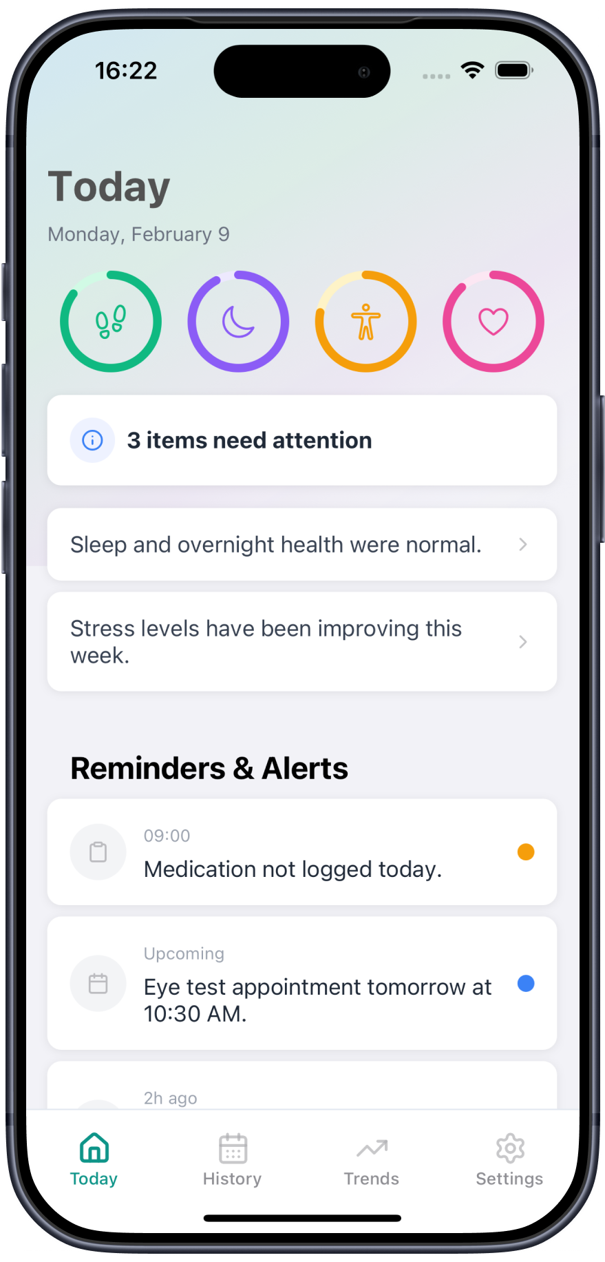 Tama caregiver app showing your loved one's daily health rings, smart insights, and reminders